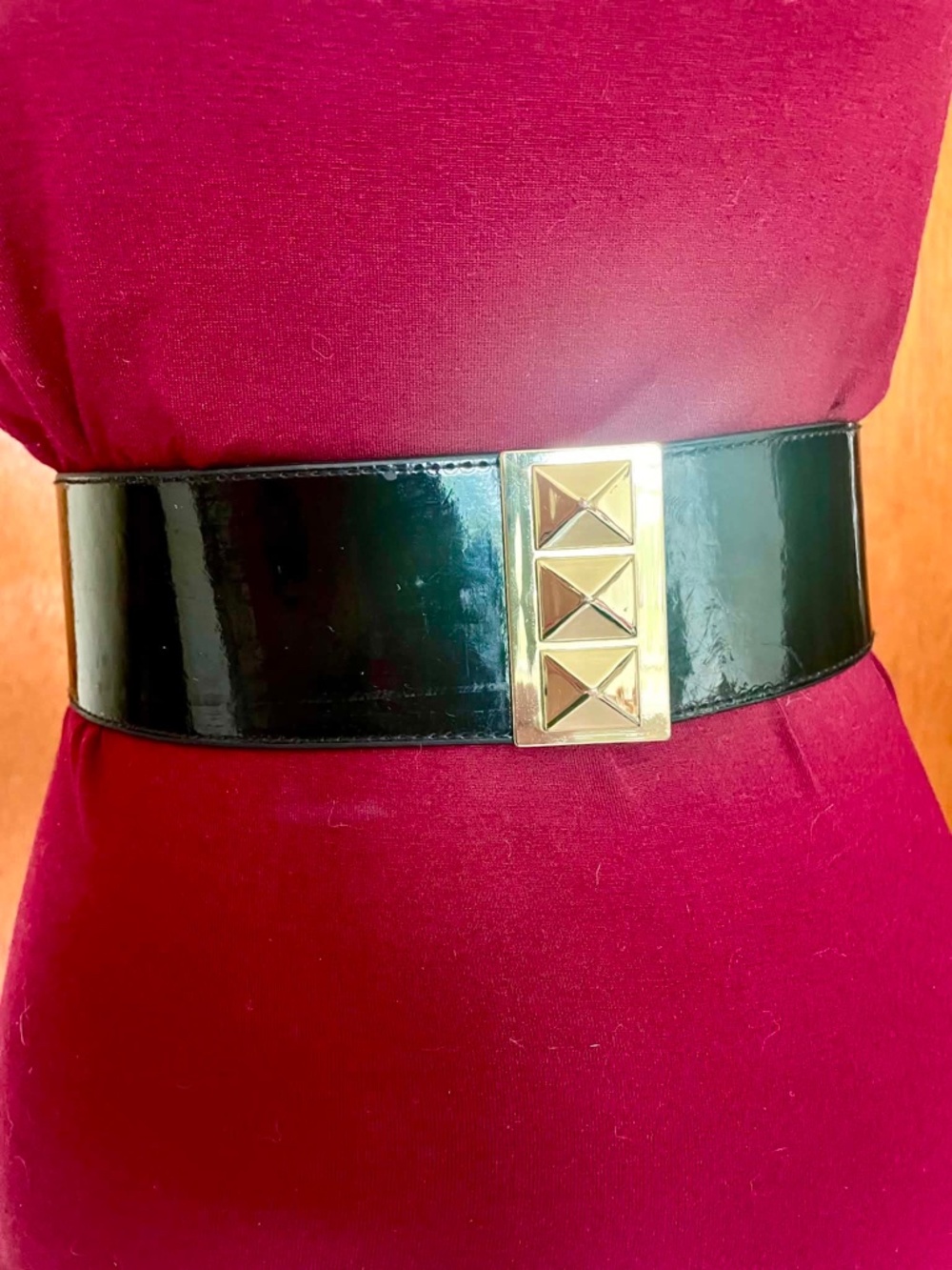H&M Black Patent Wide Chunky Oversized Y2K Belt Gold Pyramid Stud Buckle